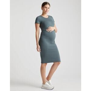 Quince Tencel Jersey Maternity Ruched Short Sleeve Dress Dark Olive Small